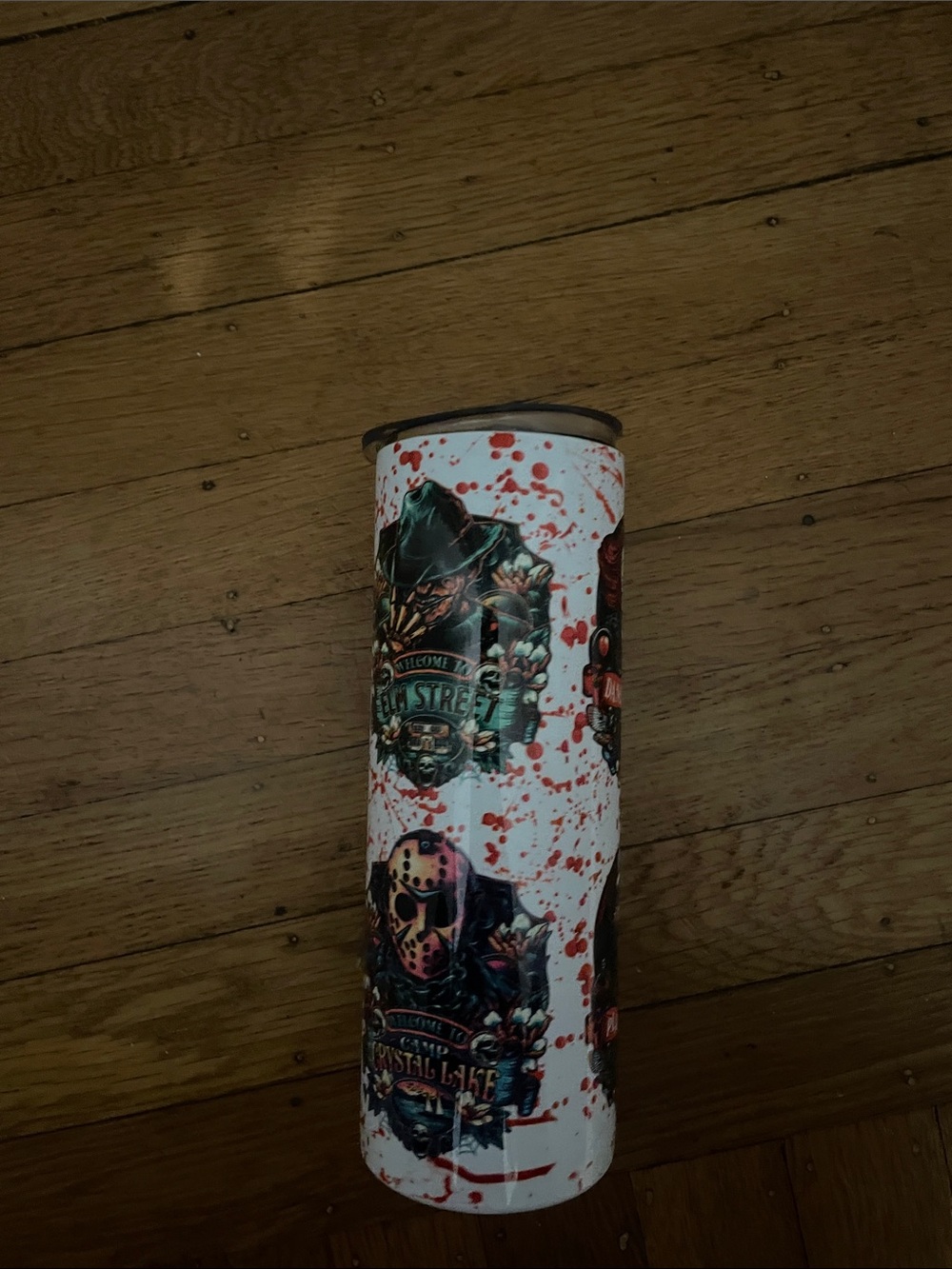 Amazon White Graphic Travel Tumbler with Horror Character Art and Red Splatter
